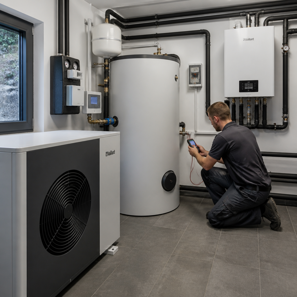 Fachkraft prüft Heizungs- und Elektroanschluss einer Wärmepumpe im Technikraum