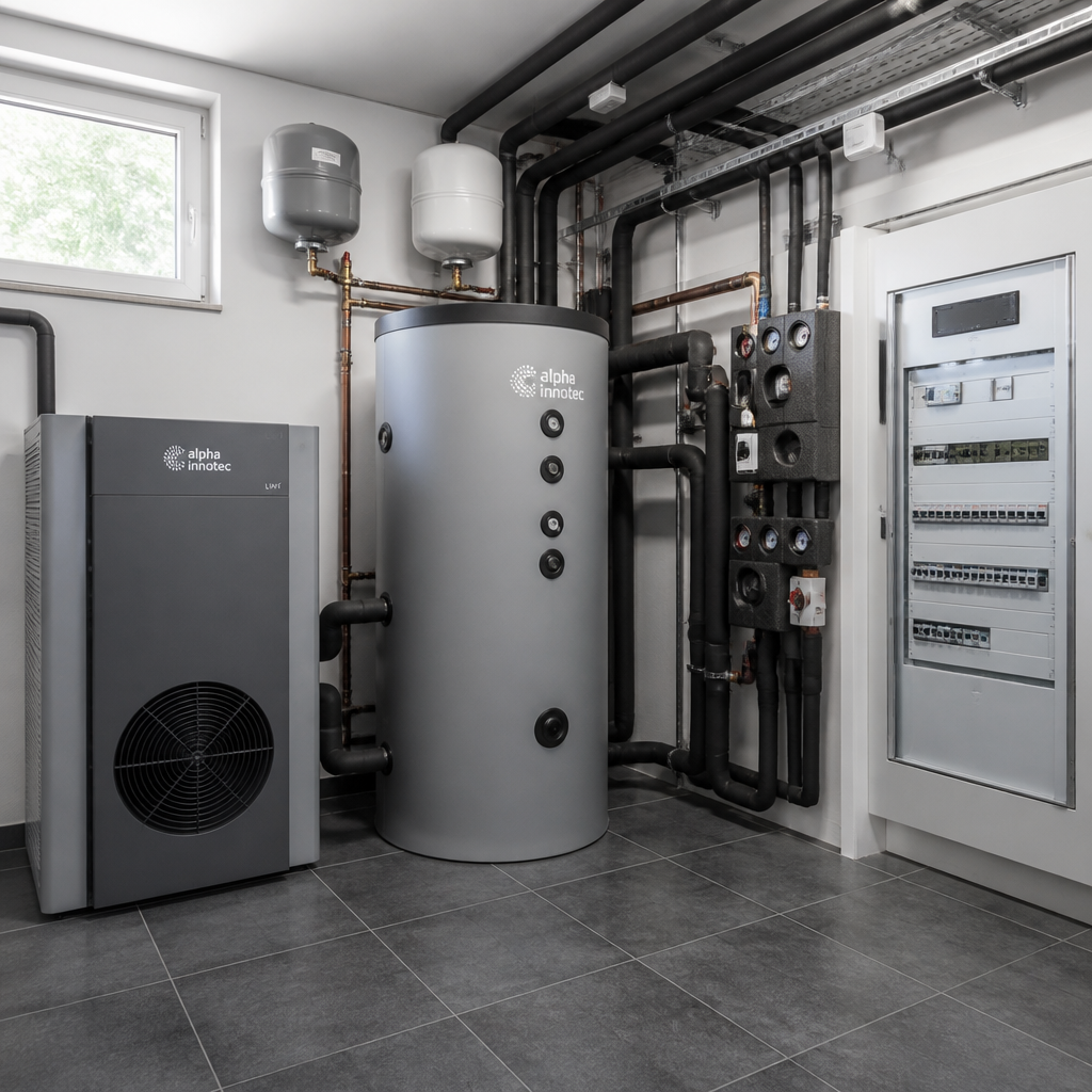 Schematische Installation einer Wärmepumpe mit Innen- und Außeneinheit