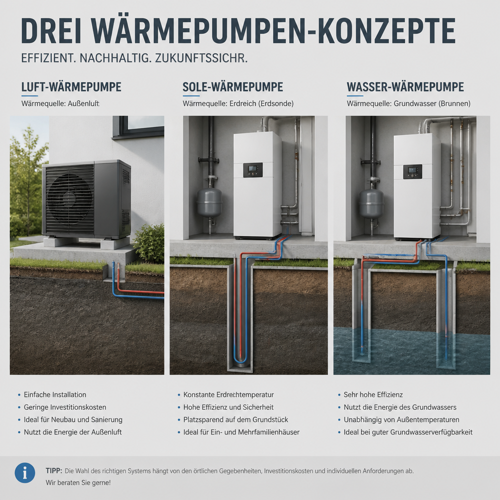 Vergleichsgrafik der Wärmepumpen-Arten nach Effizienz, Aufwand und Kosten