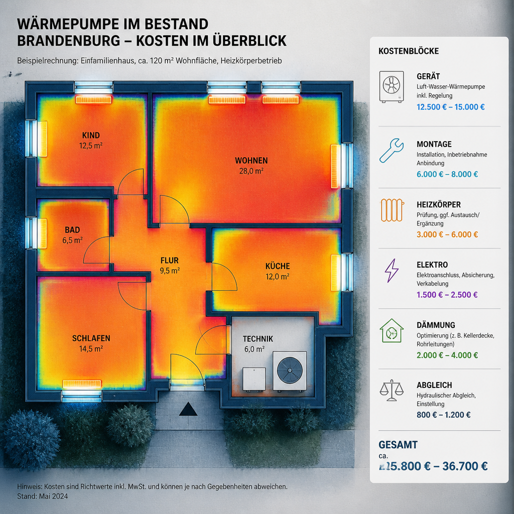 Schema der typischen Kostenblöcke bei Wärmepumpe im Bestandsbau
