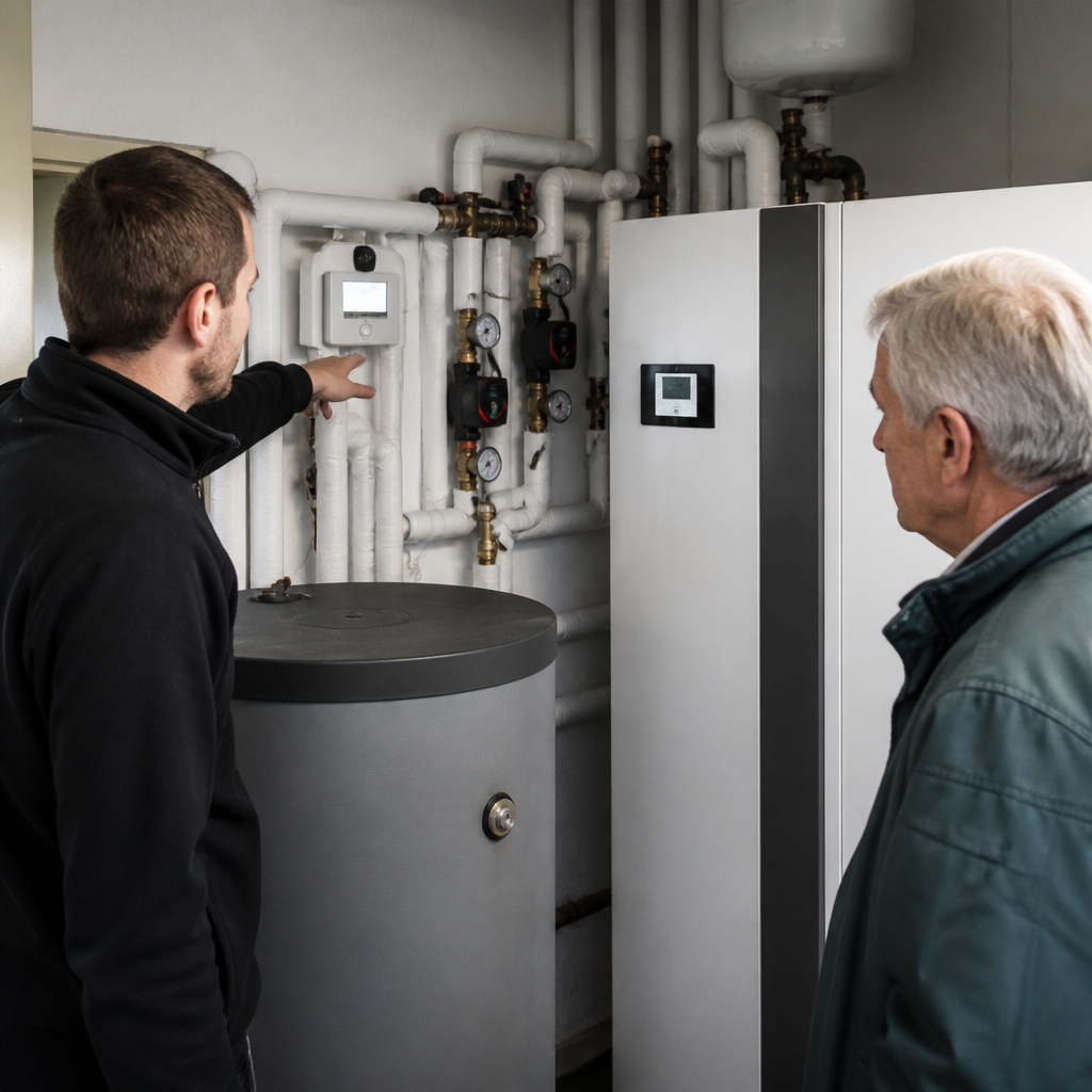 Wärmepumpen-Installation im Bestandshaus mit Installateur und Heizungsanlage