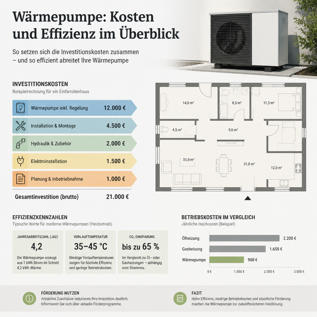 Diagramm zu Kosten, JAZ und Förderlogik einer Wärmepumpe in Bayern