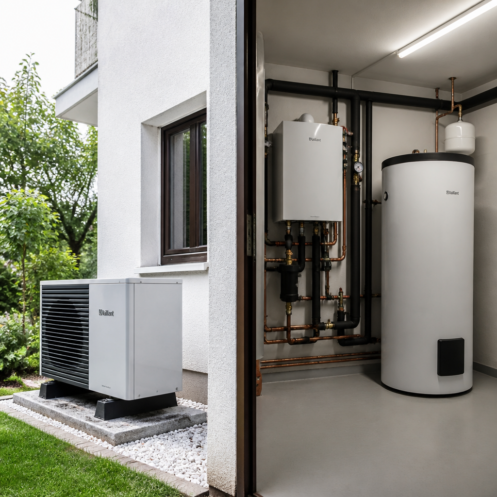 Fachgerechte Installation einer Luft-Wasser-Wärmepumpe mit Außeneinheit und Innengerät im Bestandsgebäude