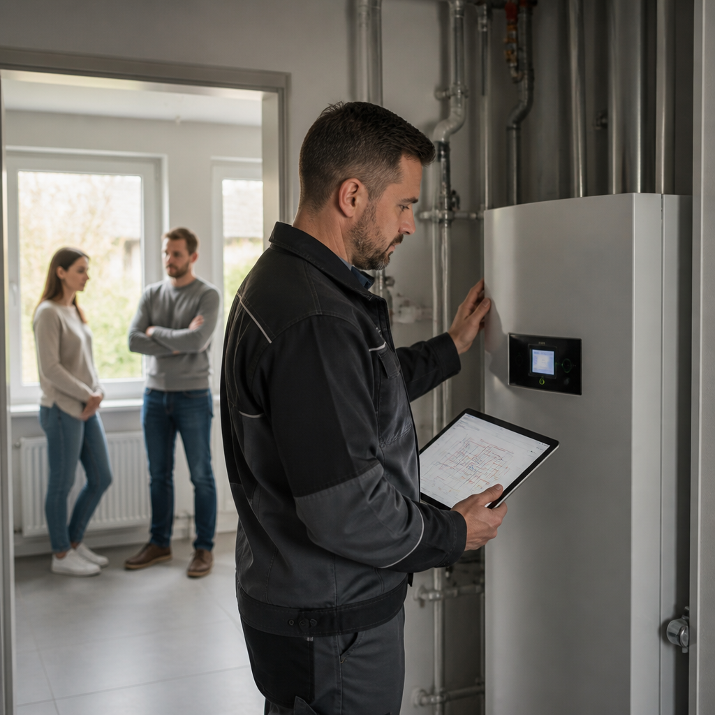 Fachbetrieb prüft Heizungsanlage und Aufstellort vor dem Einbau einer Wärmepumpe