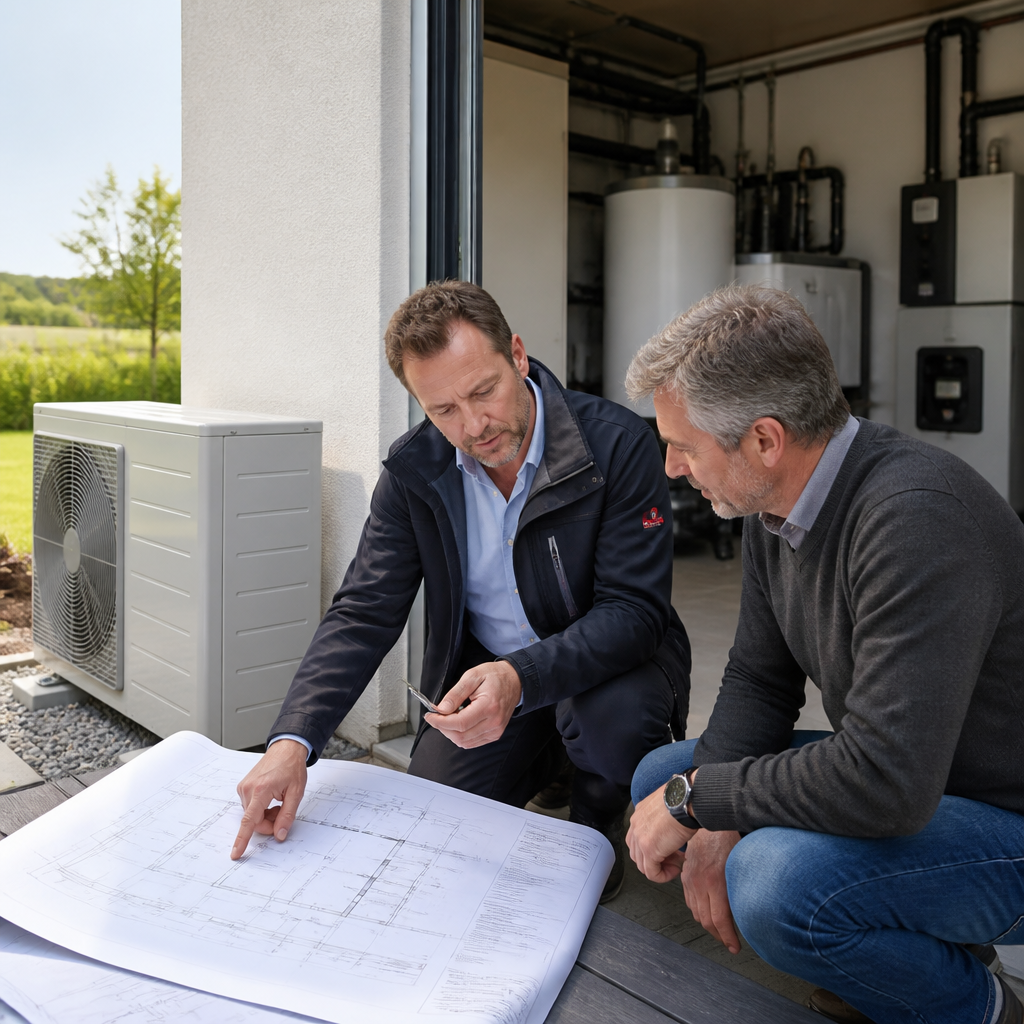 Fachbetrieb prüft Heizungsplanung für eine Wärmepumpe im Neubau