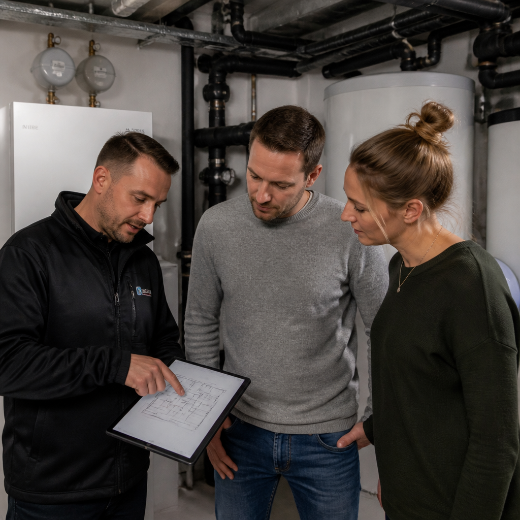 Installateur erklärt die Wärmepumpenplanung an einem Heizungsplan im Einfamilienhaus