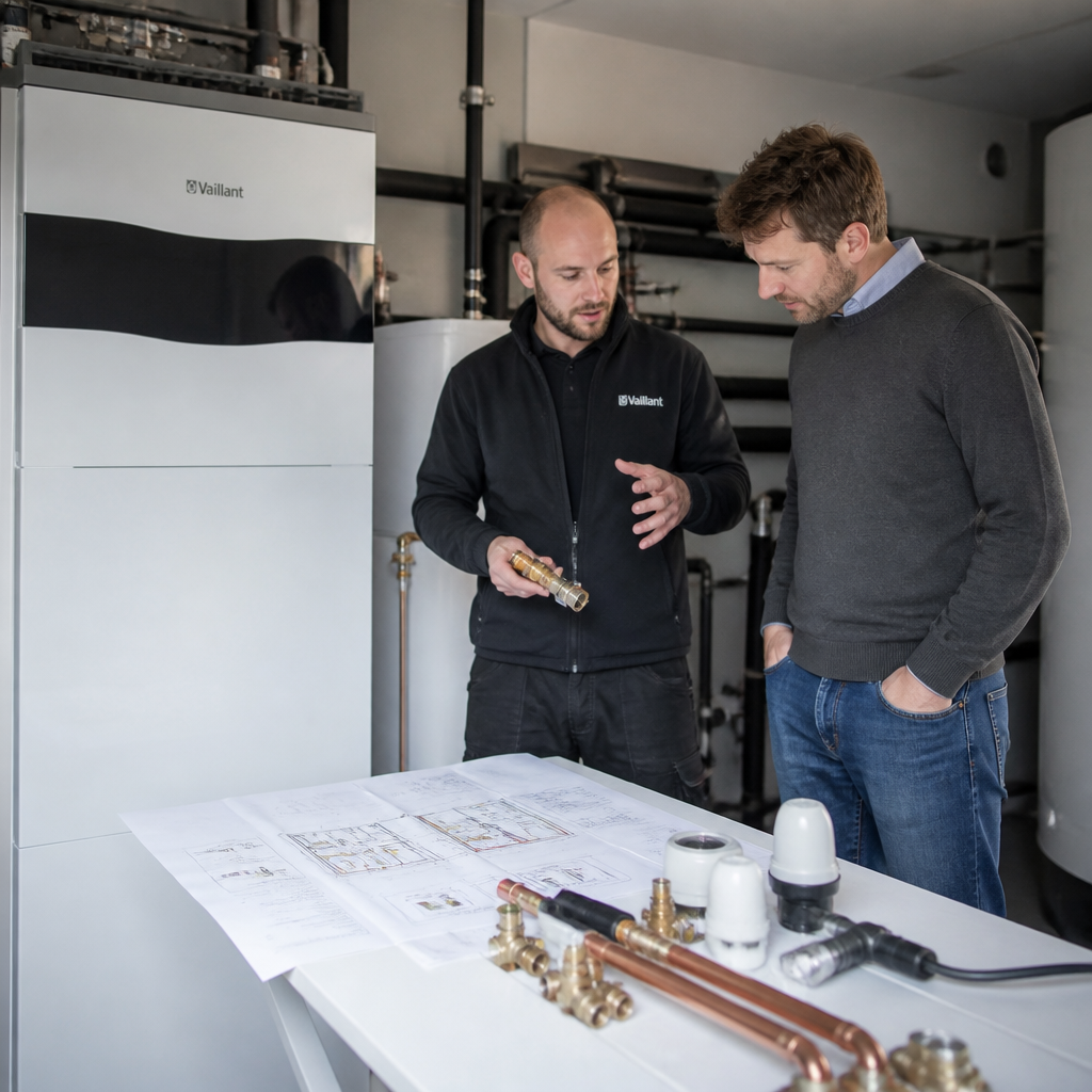 Fachbetrieb erklärt die Komponenten einer Wärmepumpe bei der Angebotserstellung