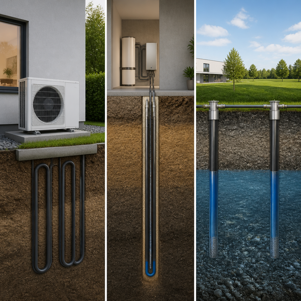 Schematische Gegenüberstellung der drei Wärmepumpenarten