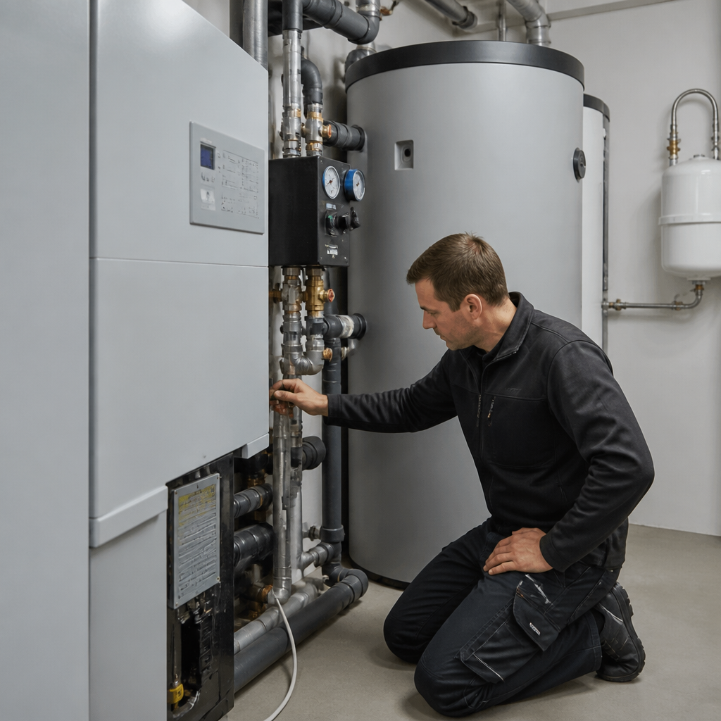 Techniker prüft Heizungsanlage und Elektroanschluss im Technikraum