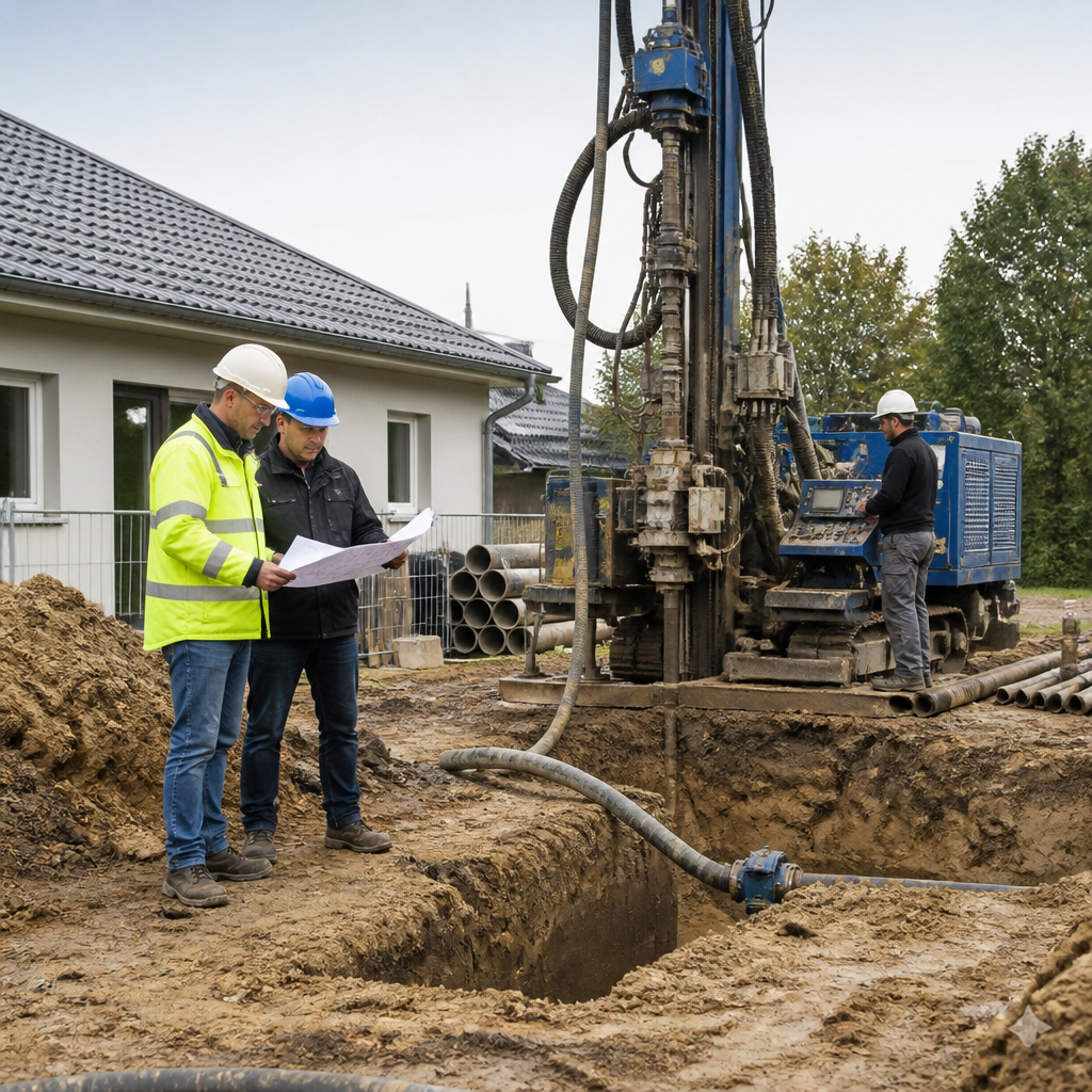 Techniker erklärt Bohrung für Erdwärmesonde auf einem Grundstück