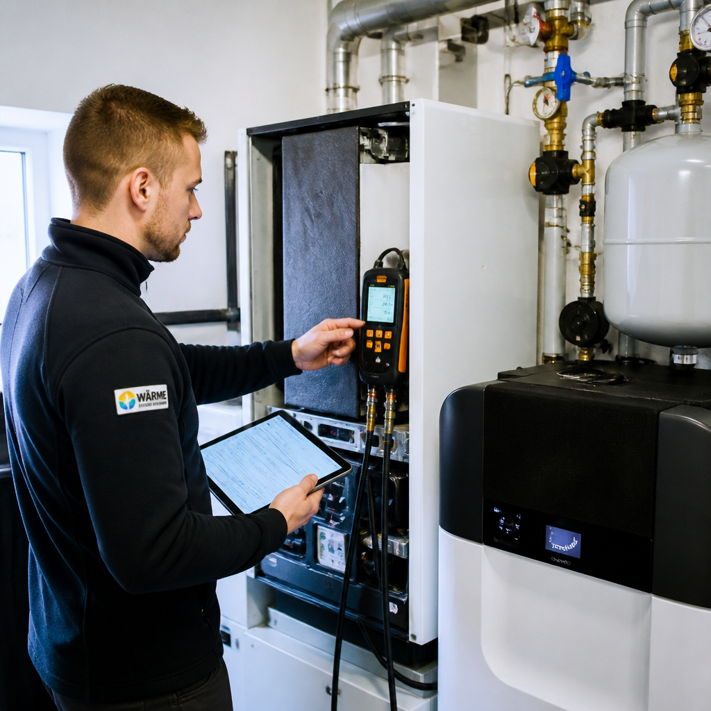 Technische Detailprüfung einer Wärmepumpe mit Messgerät und Protokoll in Berlin