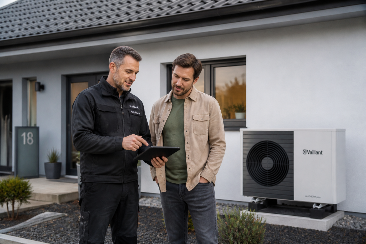 Fachhandwerker prüft die Installation einer Wärmepumpe vor einem Einfamilienhaus in Brandenburg