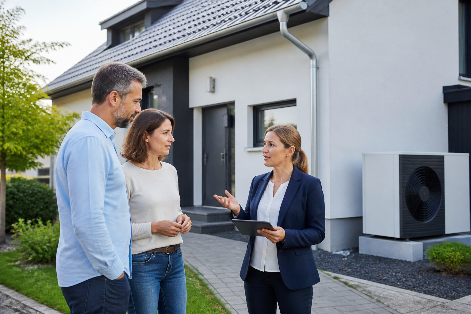 Hausbesitzer besprechen eine Wärmepumpen-Installation vor einem Wohnhaus in Berlin-Brandenburg