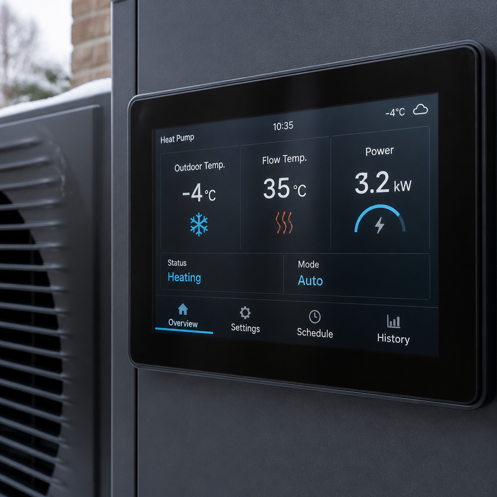 Monitoring einer Wärmepumpe mit Anzeige von Außentemperatur, Vorlauf und Stromverbrauch im Winter