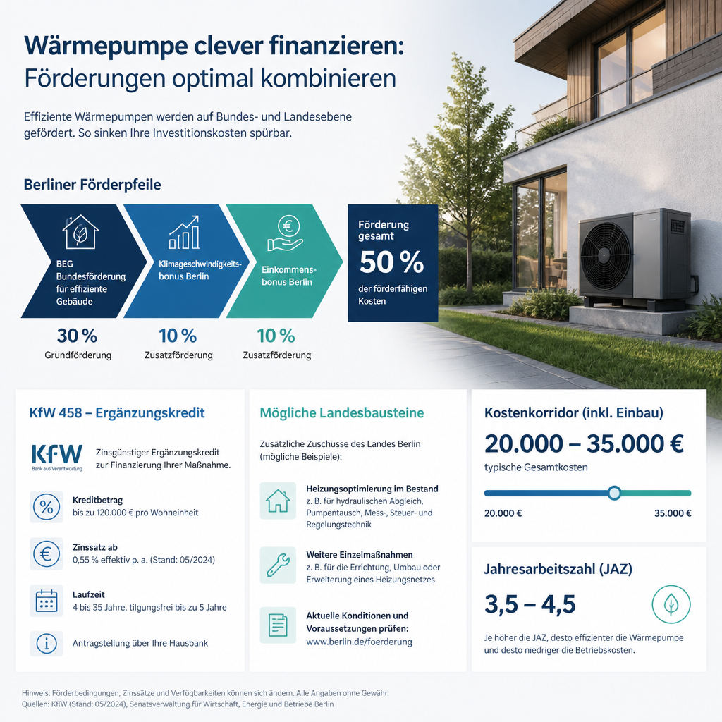 Infografik zu Förderlogik und Kosten einer Wärmepumpe in Berlin