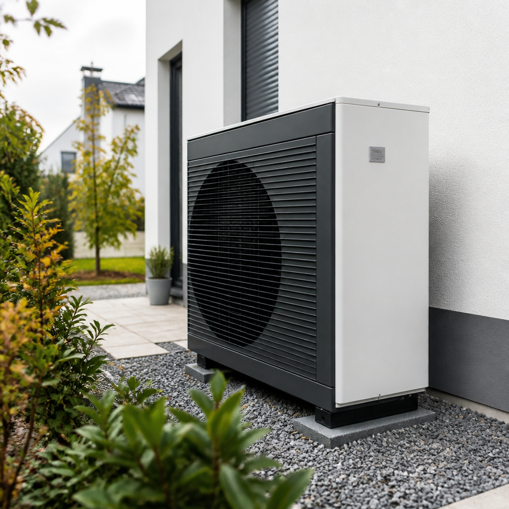 Außeneinheit einer Wärmepumpe mit Blick auf Einfamilienhaus und Garten