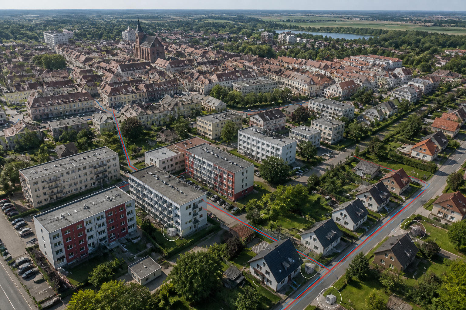 Brandenburger Kommune mit Ortskern, Wärmenetz und Einfamilienhäusern im Vergleich zur Wärmepumpe