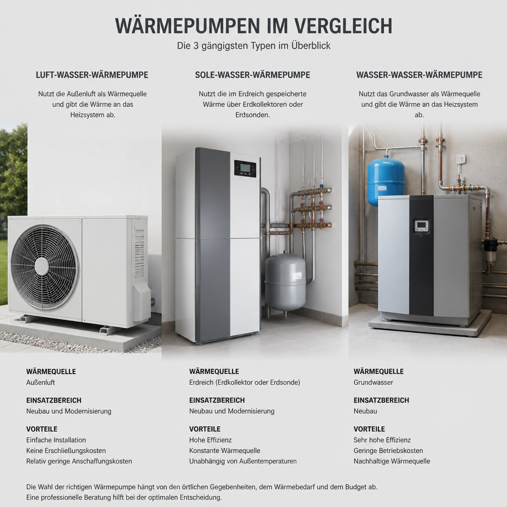 Vergleich verschiedener Wärmepumpen-Modelle in einer technischen Infografik