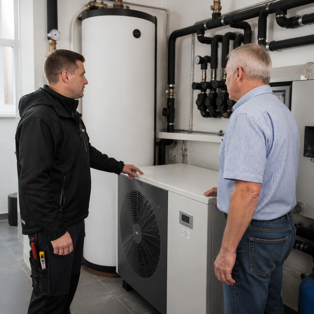 Fachbetrieb prüft die Installation einer Wärmepumpe im Heizraum