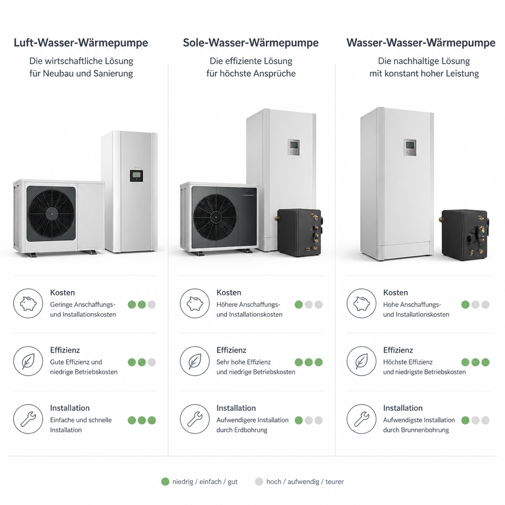 Vergleich von Luft-, Sole- und Wasser-Wärmepumpe als Infografik