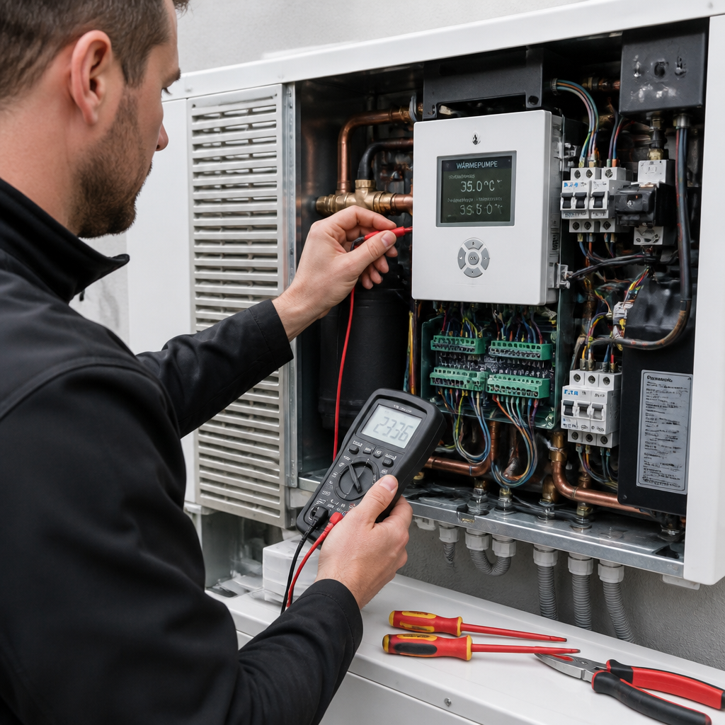 Techniker misst Betriebswerte an der Wärmepumpensteuerung während der Wartung