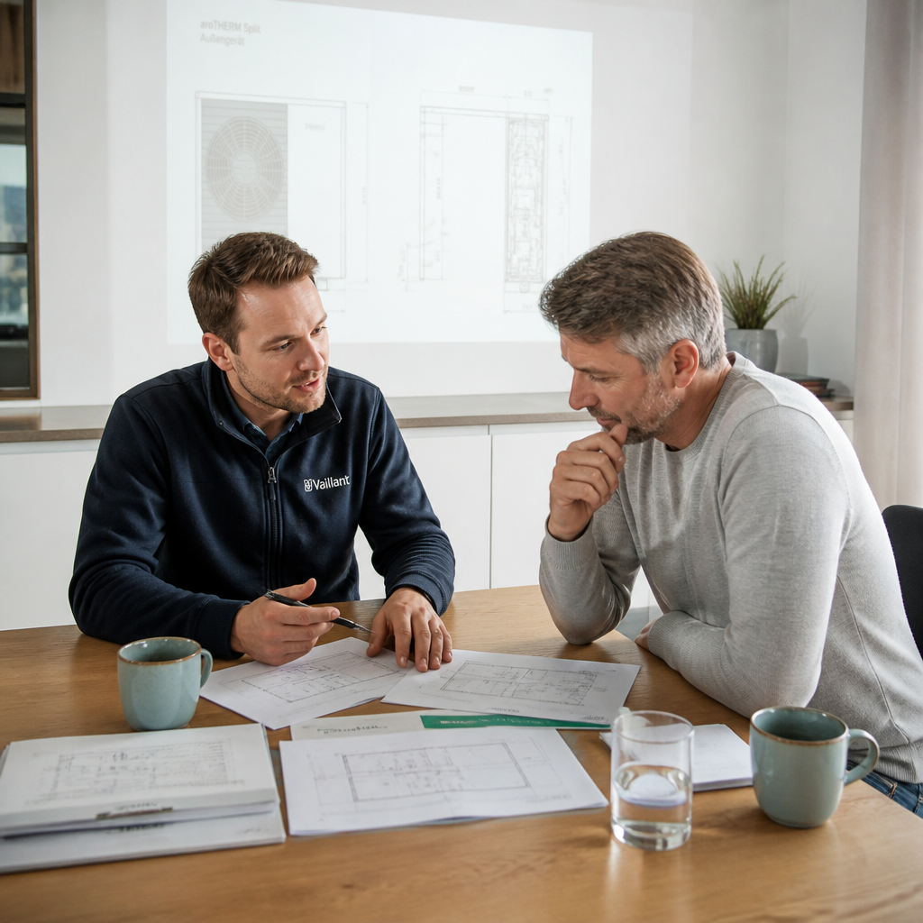 Fachbetrieb erklärt Förderantrag und Wärmepumpenplanung am Tisch