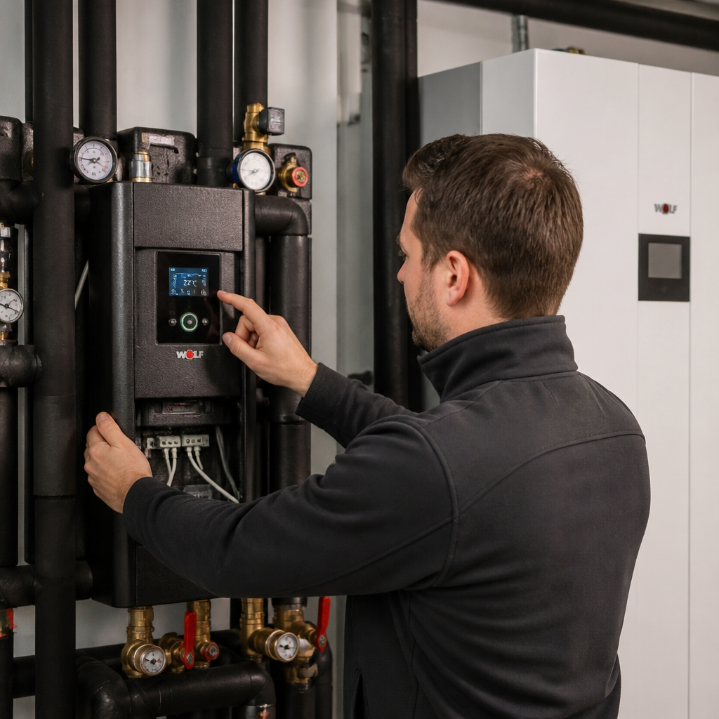 Fachhandwerker prüft die Auslegung einer Wärmepumpe am Heizraum