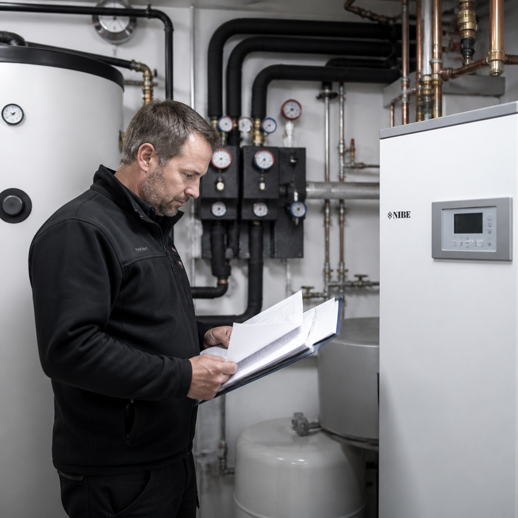 Fachmann prüft Heizungsanlage und Angebot für Wärmepumpe