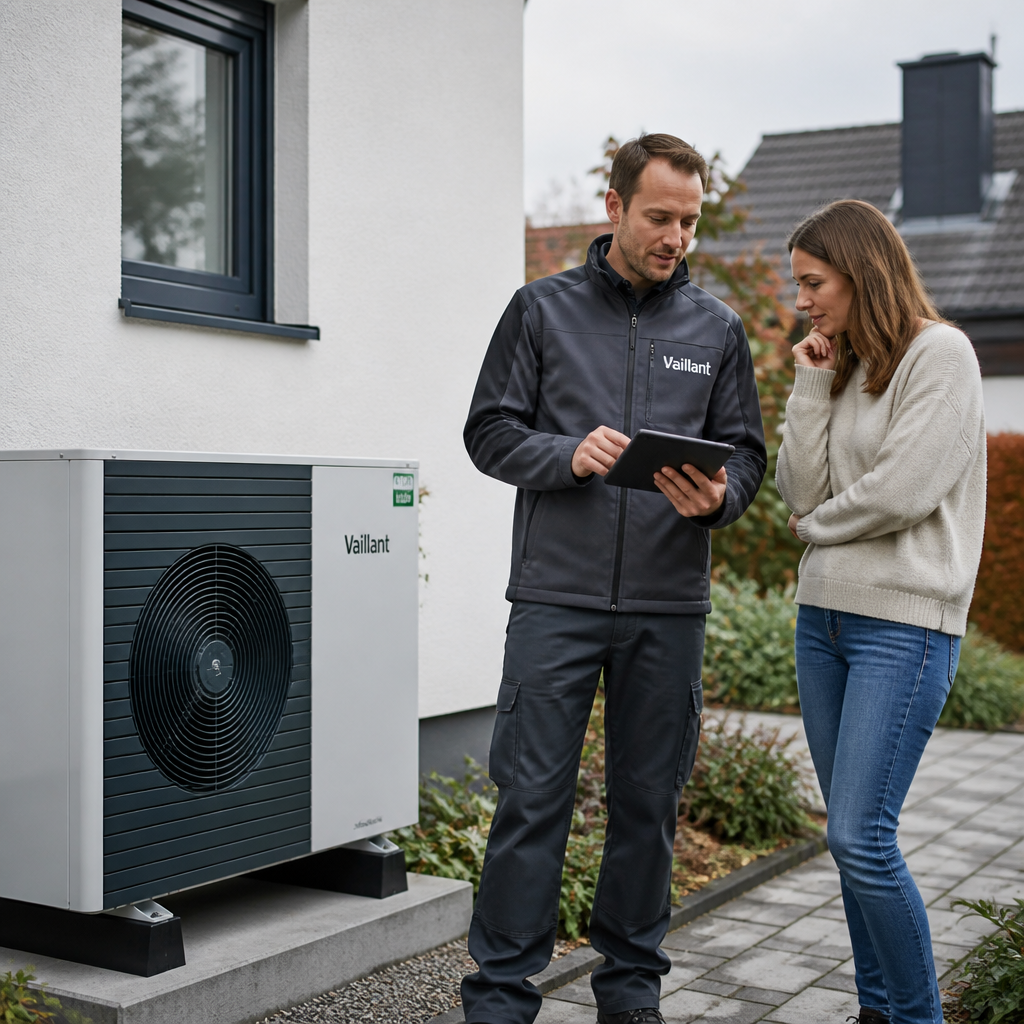 Installierte Wärmepumpe im Einfamilienhaus mit Fachplaner im Gespräch