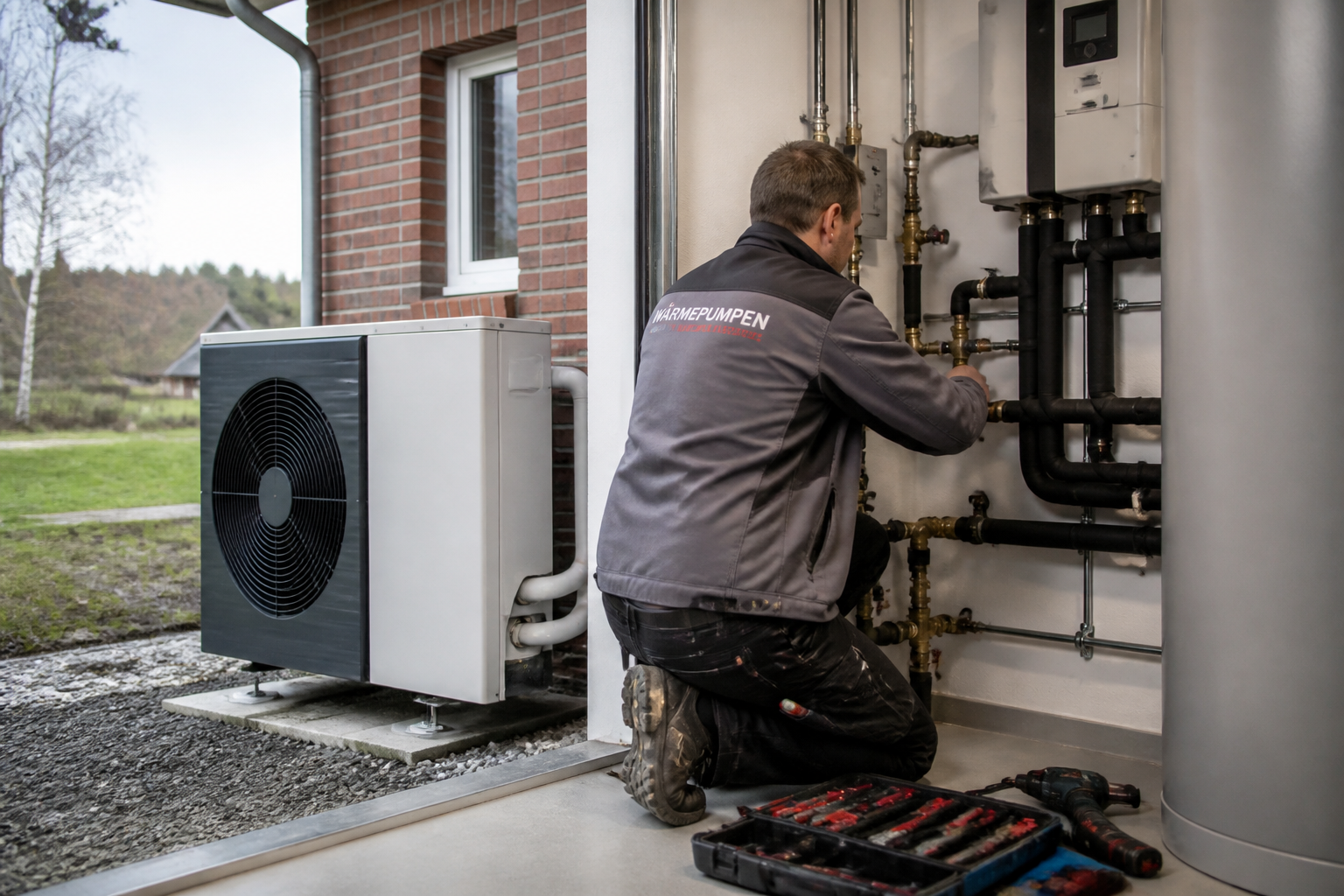 Techniker installiert eine Wärmepumpe an einem Einfamilienhaus in Brandenburg