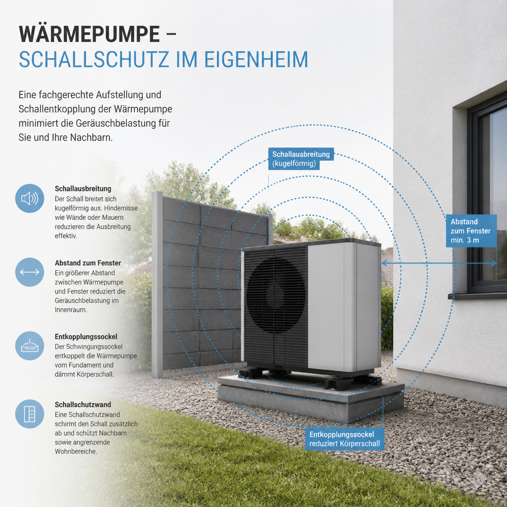 Schematische Darstellung von Schallausbreitung und Lärmschutz bei einer Wärmepumpe am Haus