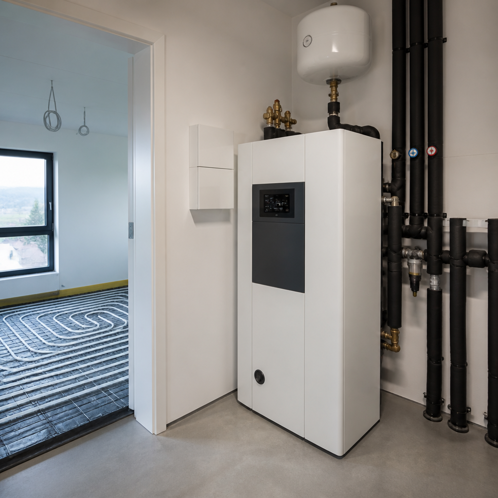 Fußbodenheizung und Wärmepumpen-Installation im Neubau