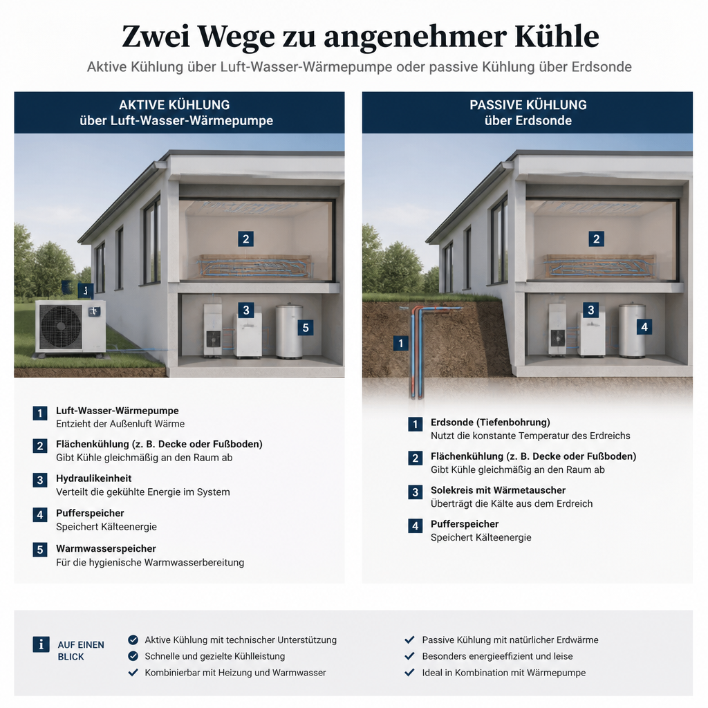 Schematische Darstellung von aktiver und passiver Kühlung bei einer Wärmepumpe