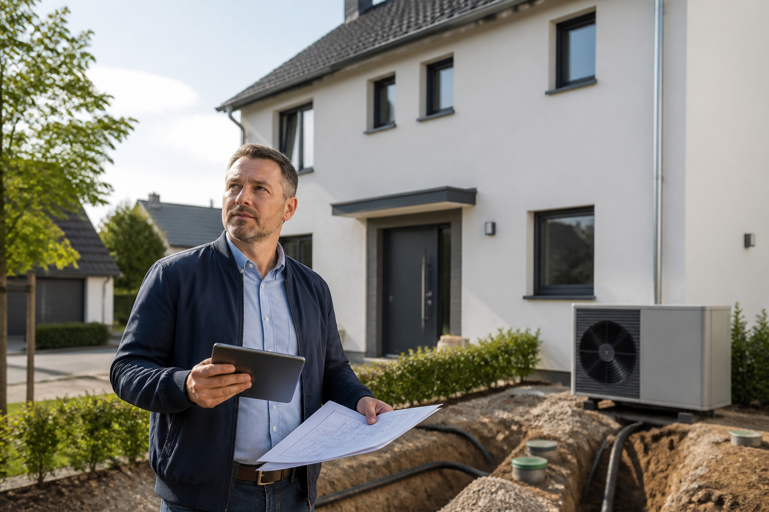 Hausbesitzer vergleicht Wärmepumpen-Modelle vor einem Einfamilienhaus in Oranienburg