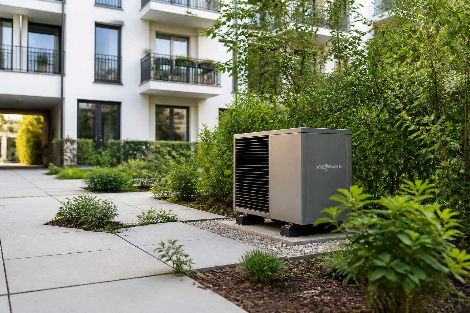 Wohngebäude in Berlin mit installierter Wärmepumpe im Hof