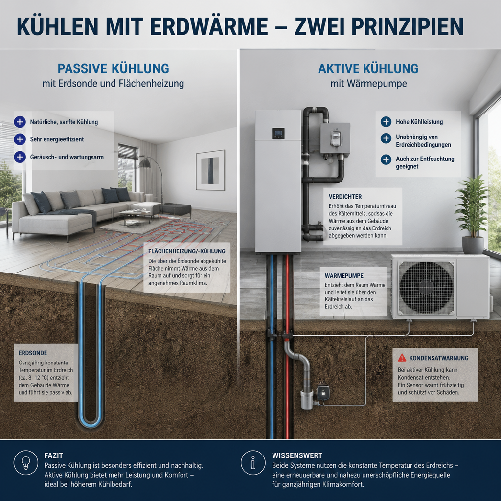 Schema von passiver und aktiver Kühlung bei einer Wärmepumpe mit Flächenheizung und Taupunktschutz