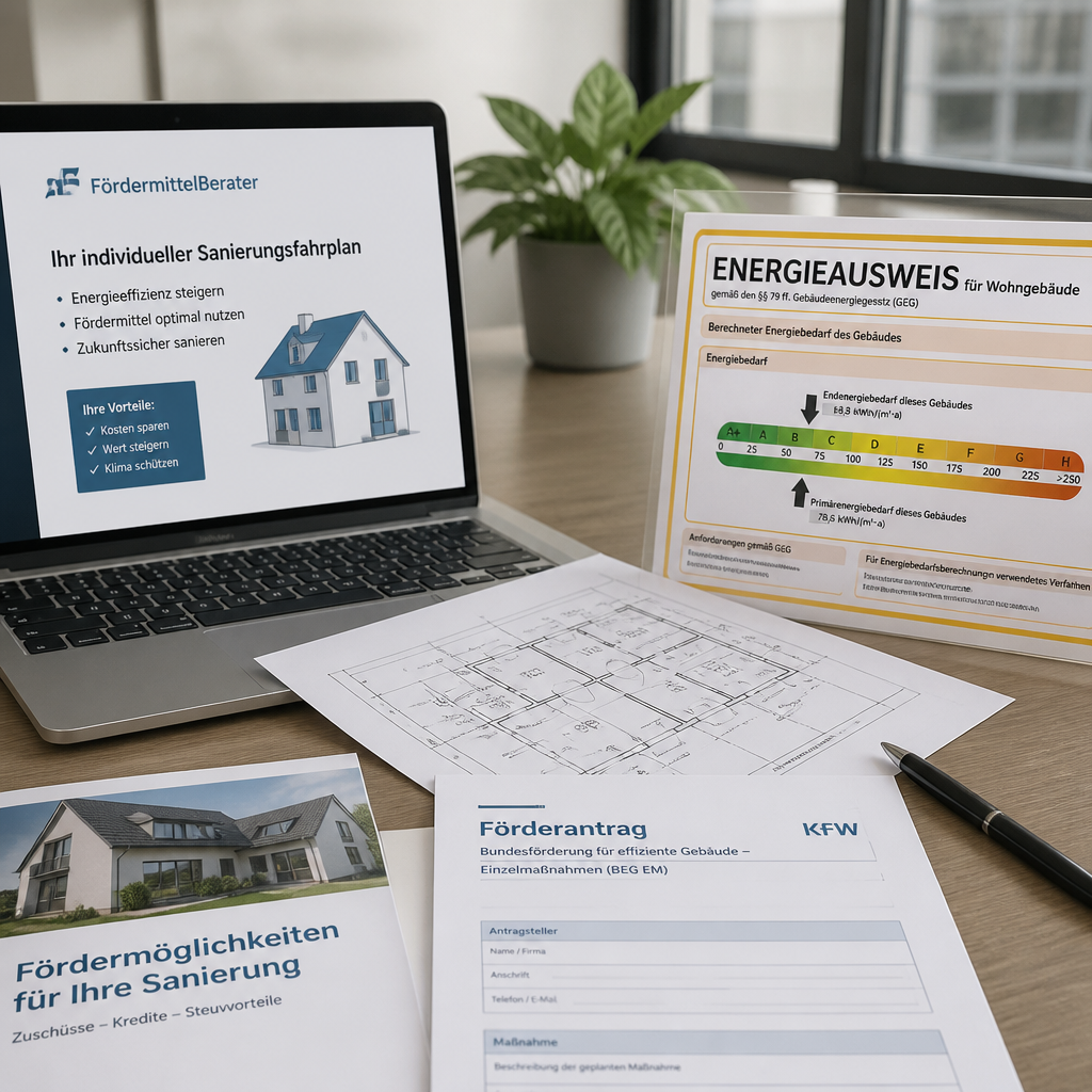 Fördercheck für Wärmepumpe mit Unterlagen, Laptop und Bauplan