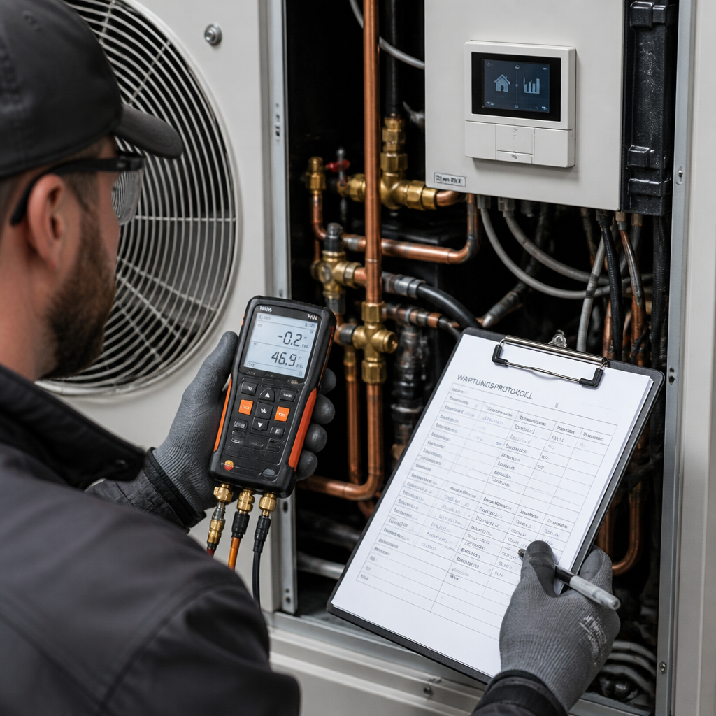 Service-Check an der Wärmepumpe mit Messgerät und Wartungsprotokoll