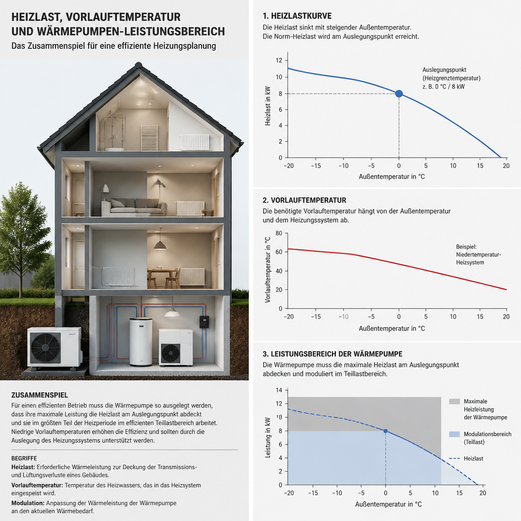 Diagramm zur Dimensionierung einer Wärmepumpe nach Heizlast und Vorlauftemperatur