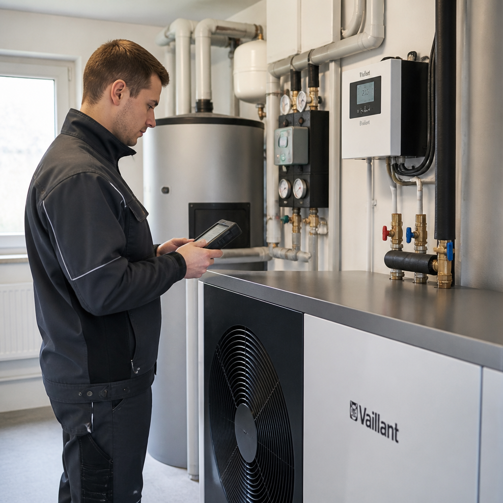 Techniker prüft Wärmepumpen-Anschluss und Heizungsrohre im Technikraum