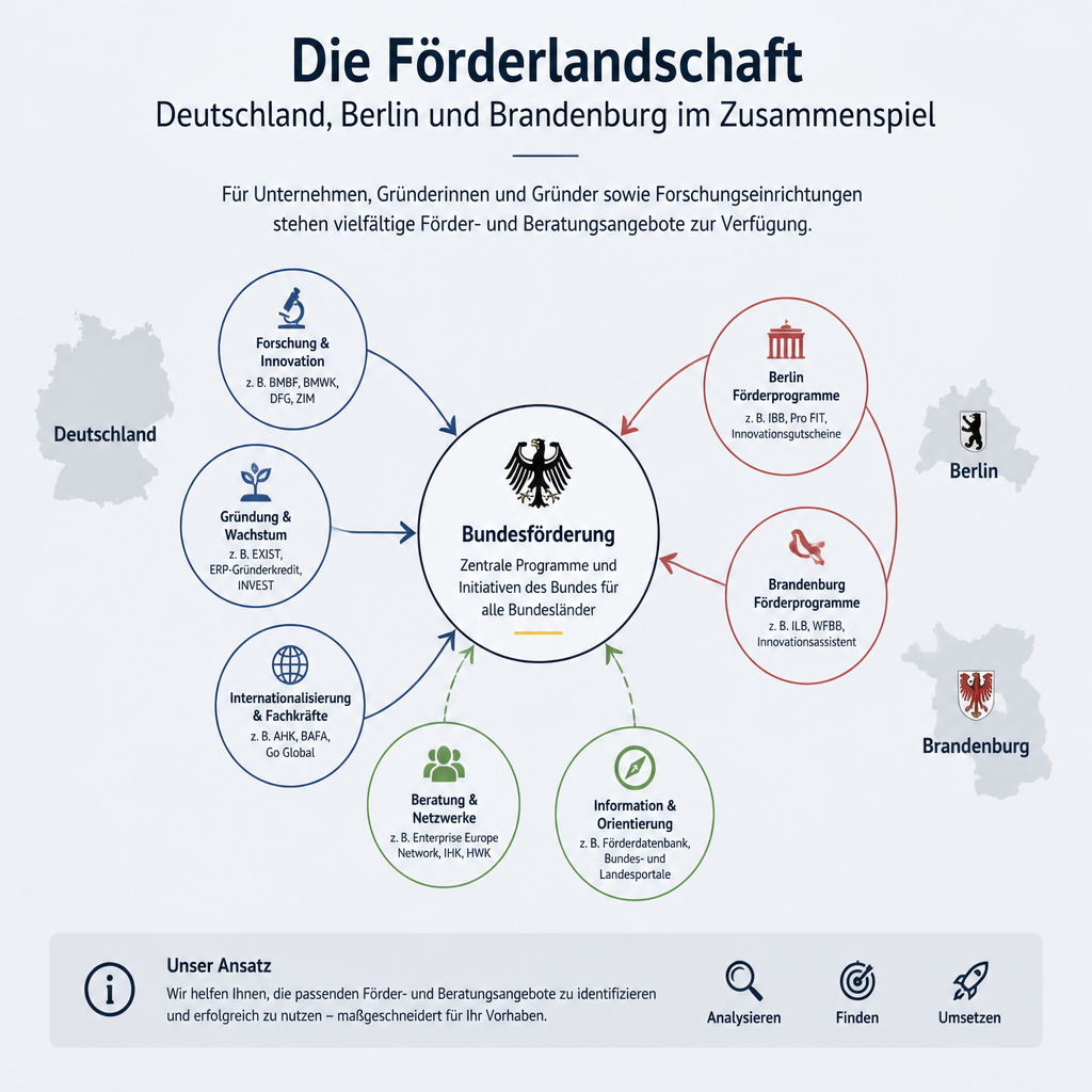Infografik zur Förderlandschaft für Wärmepumpen in Deutschland, Berlin und Brandenburg