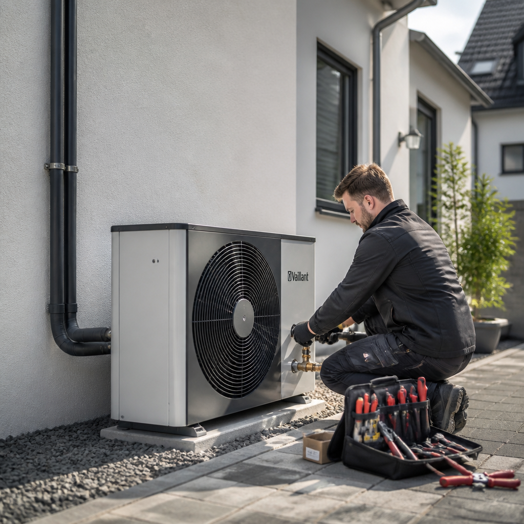 Installation einer Luft-Wasser-Wärmepumpe an einem Reihenhaus