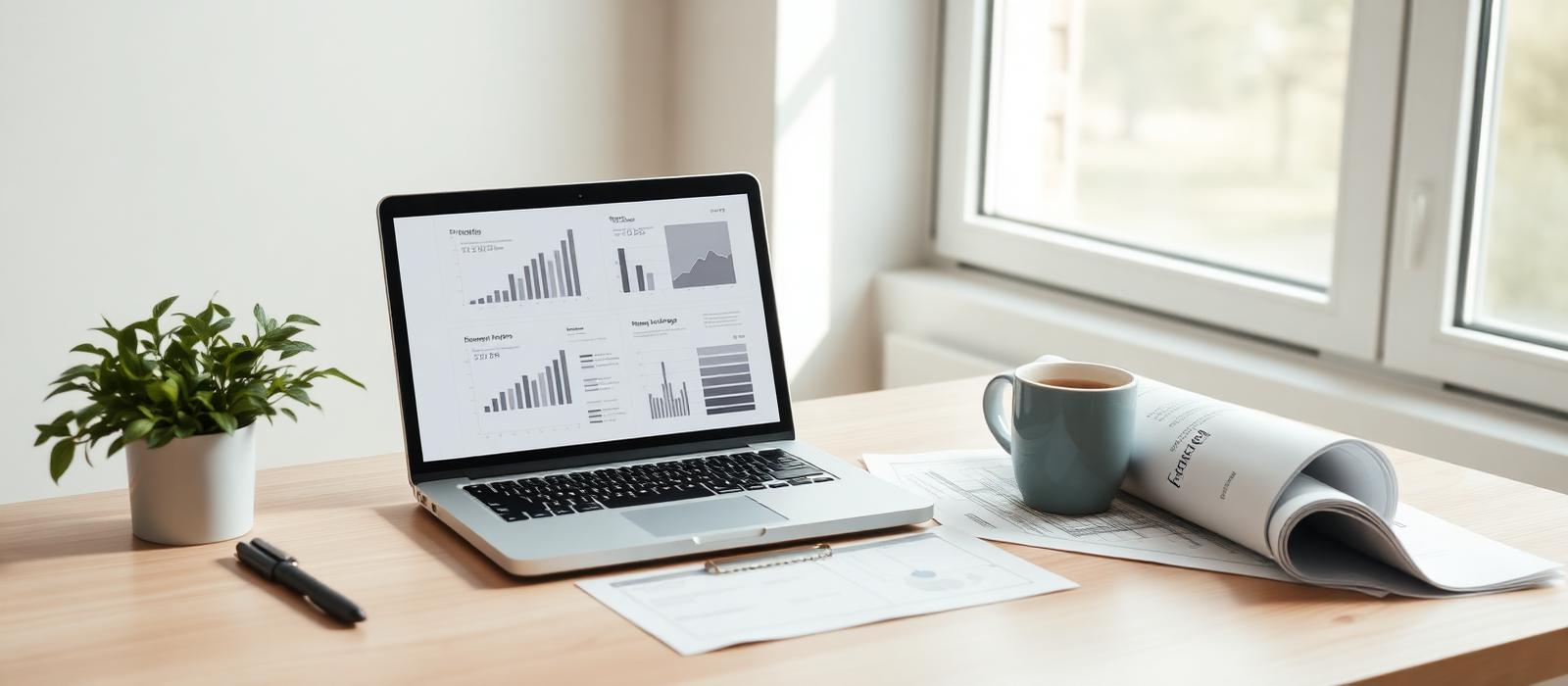 Redaktioneller Arbeitsplatz mit Laptop, Notizen und Kaffee