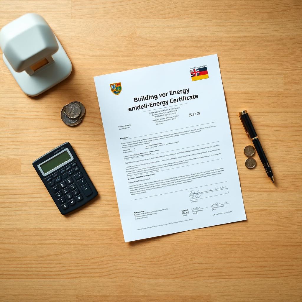 Energieausweis, Taschenrechner und Euro-Münzen auf einem Holztisch